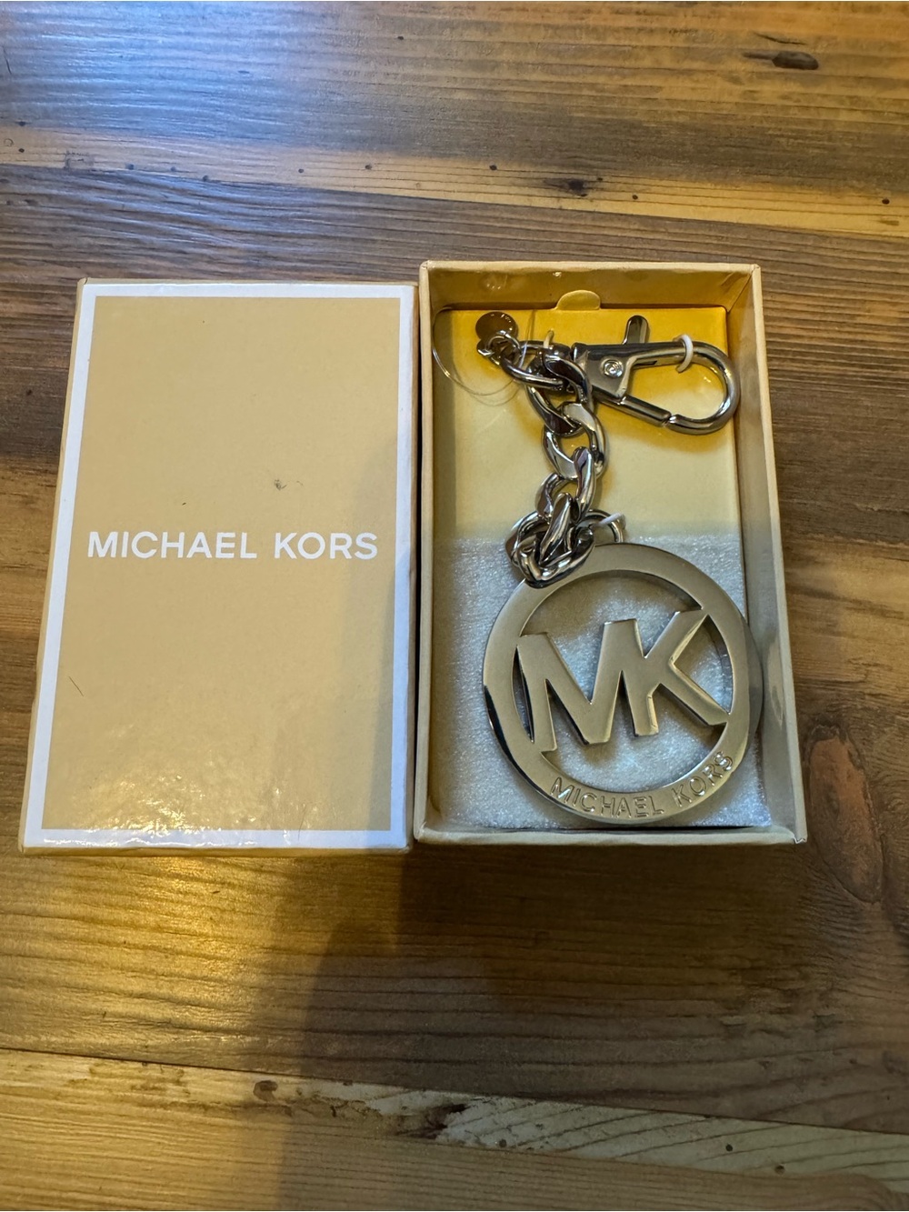 Michael Kors Silver-Tone MK Ring Logo Key & Card Holder Charm